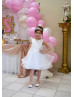 Beaded White Lace Tulle Flower Girl Dress With Horsehair Bands